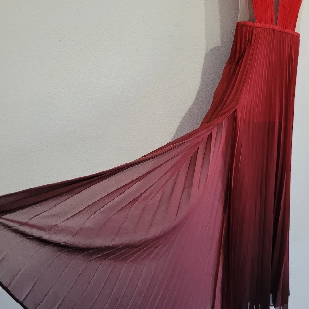 Bebe red ombre pleated double  split illusion bodice formal evening gown - Picture 3 of 13